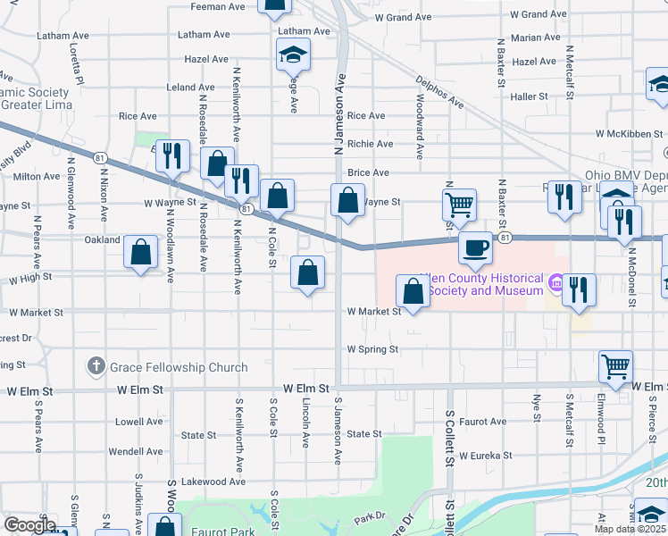 map of restaurants, bars, coffee shops, grocery stores, and more near 1100 West High Street in Lima