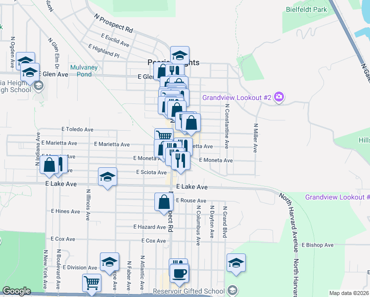 map of restaurants, bars, coffee shops, grocery stores, and more near 1324 East Marietta Avenue in Peoria Heights