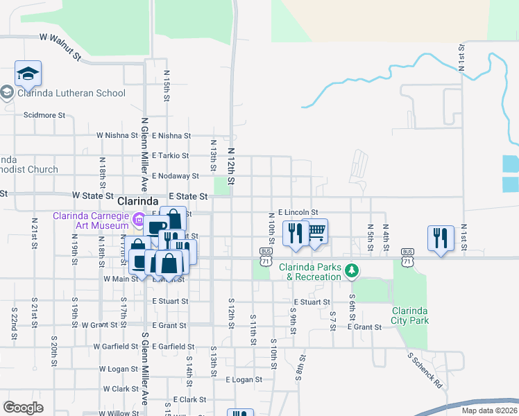 map of restaurants, bars, coffee shops, grocery stores, and more near 600 East Lincoln Street in Clarinda