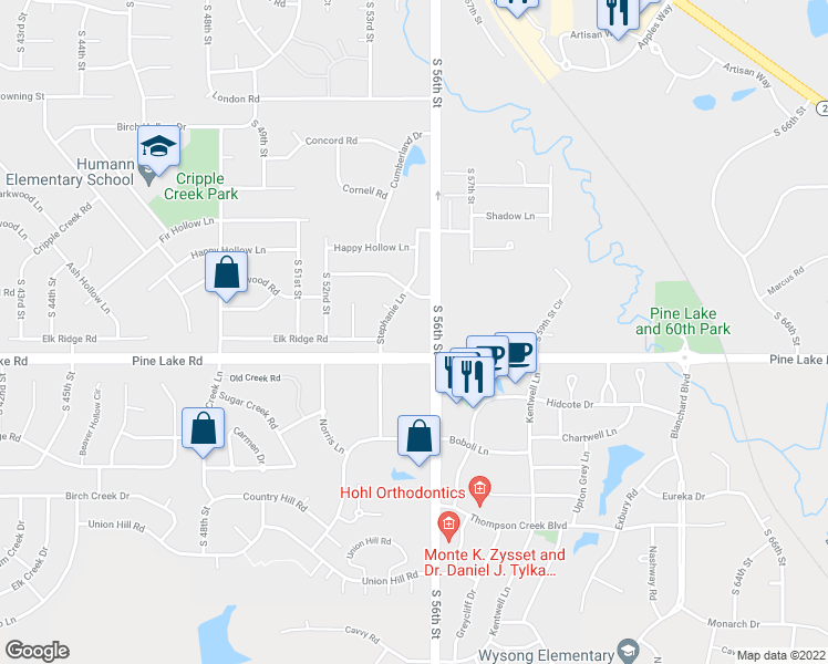 map of restaurants, bars, coffee shops, grocery stores, and more near 5500 Pine Lake Rd in Lincoln