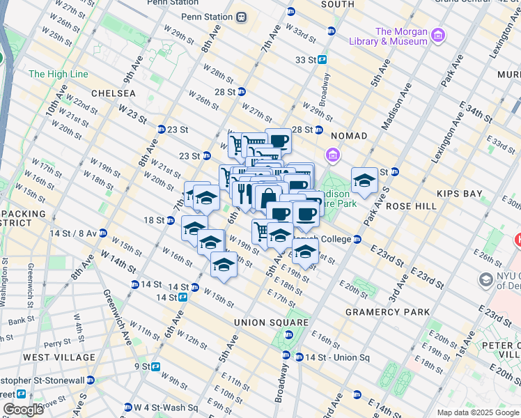 map of restaurants, bars, coffee shops, grocery stores, and more near 32 West 22nd Street in New York