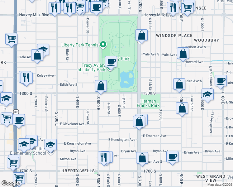 map of restaurants, bars, coffee shops, grocery stores, and more near 570 East 1300 South in Salt Lake City