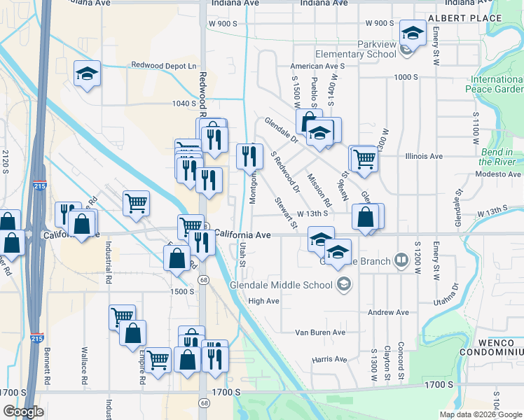 map of restaurants, bars, coffee shops, grocery stores, and more near 1288 Montgomery Street West in Salt Lake City