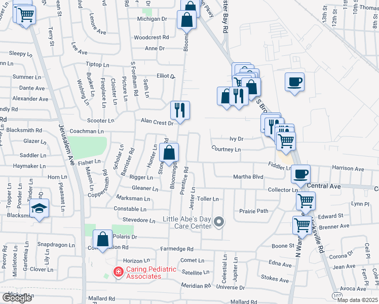 map of restaurants, bars, coffee shops, grocery stores, and more near 34 Teamster Lane in Levittown