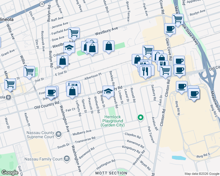 map of restaurants, bars, coffee shops, grocery stores, and more near 4 Kenilworth Road in Mineola
