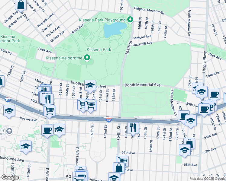 map of restaurants, bars, coffee shops, grocery stores, and more near 57-19 162nd Street in Queens