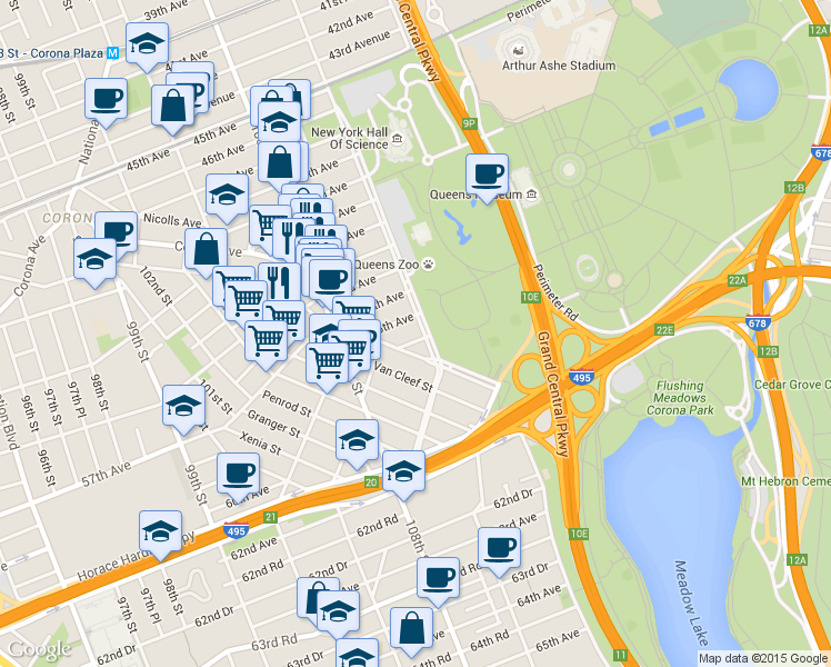 map of restaurants, bars, coffee shops, grocery stores, and more near in Queens