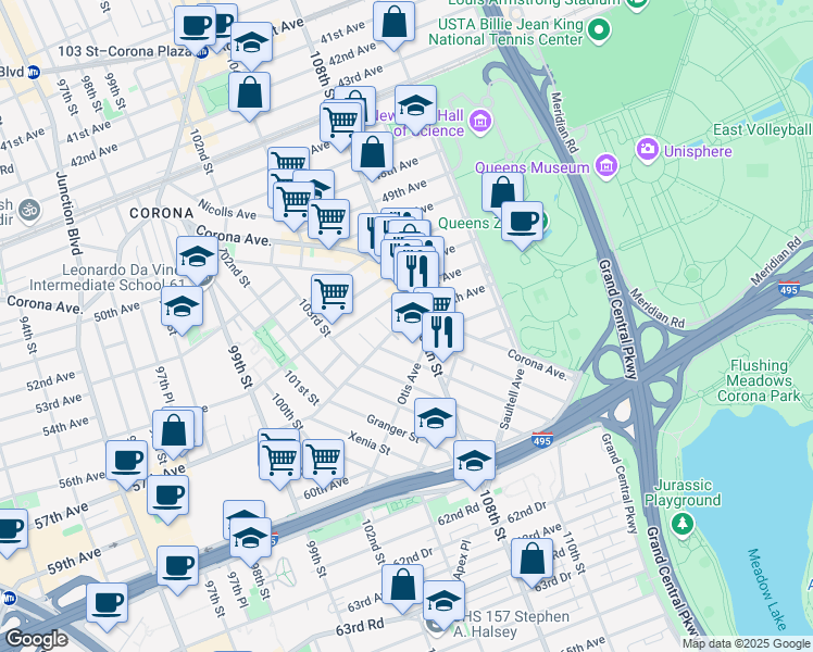 map of restaurants, bars, coffee shops, grocery stores, and more near 54-19 108th Street in Queens