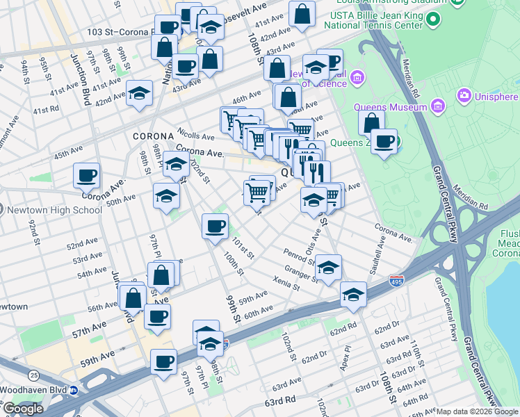 map of restaurants, bars, coffee shops, grocery stores, and more near 103-15 53rd Avenue in Queens
