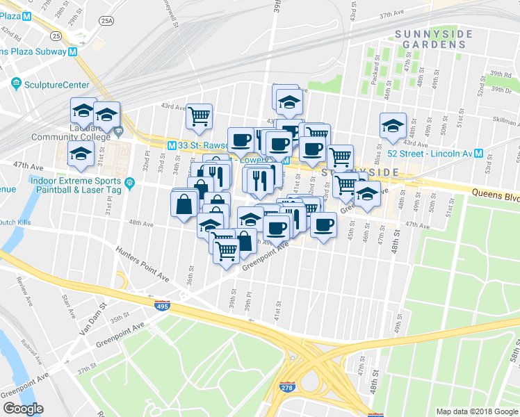 map of restaurants, bars, coffee shops, grocery stores, and more near 47-14 39th Place in Queens