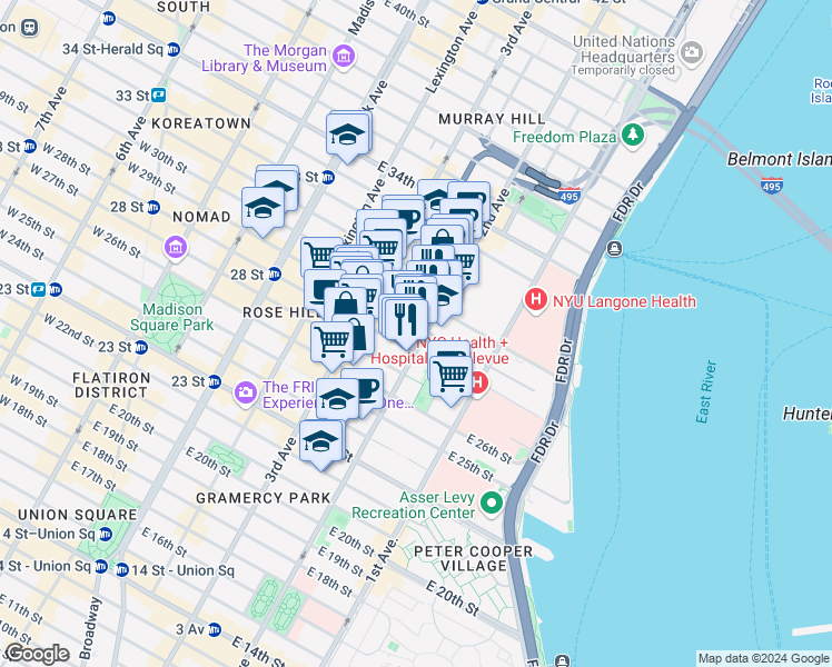 map of restaurants, bars, coffee shops, grocery stores, and more near in New York