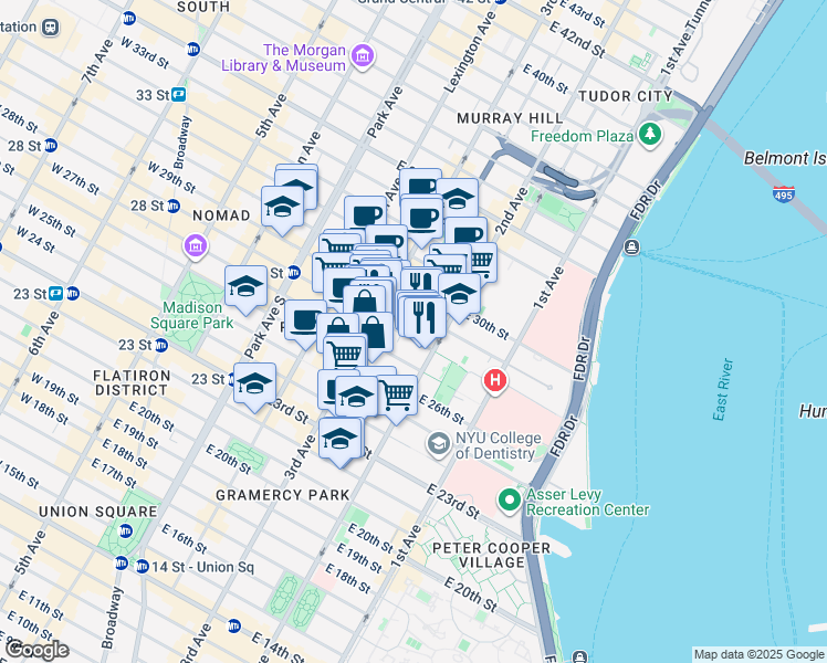 map of restaurants, bars, coffee shops, grocery stores, and more near 216 East 28th Street in New York