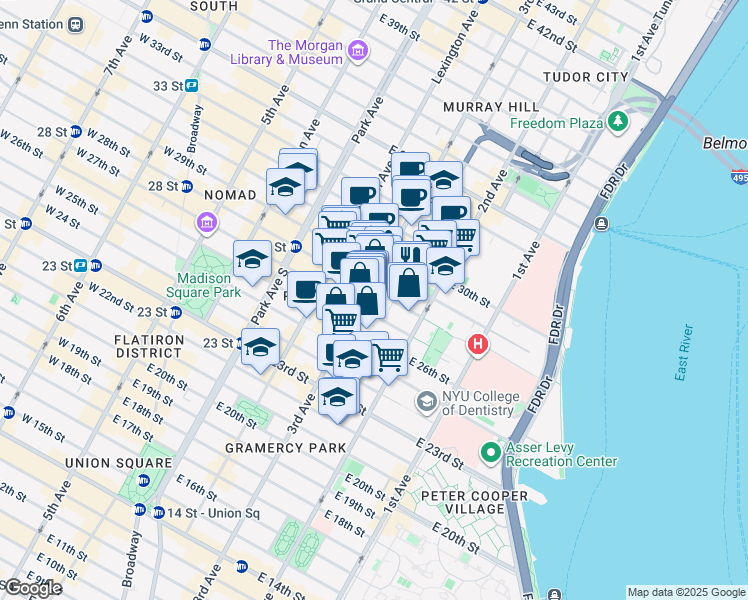 map of restaurants, bars, coffee shops, grocery stores, and more near 216 East 28th Street in New York