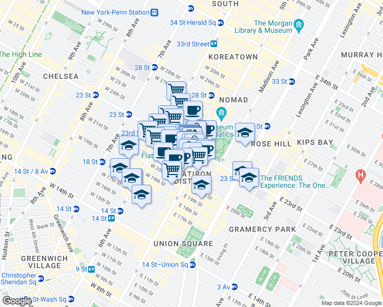 map of restaurants, bars, coffee shops, grocery stores, and more near in New York