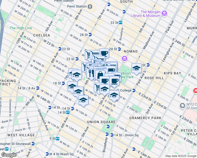 map of restaurants, bars, coffee shops, grocery stores, and more near 32 West 22nd Street in New York