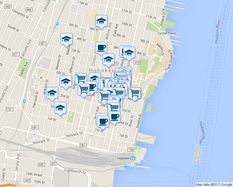 map of restaurants, bars, coffee shops, grocery stores, and more near 167 4th Street in Hoboken