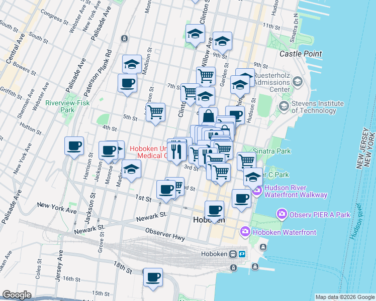 map of restaurants, bars, coffee shops, grocery stores, and more near 336 Park Avenue in Hoboken