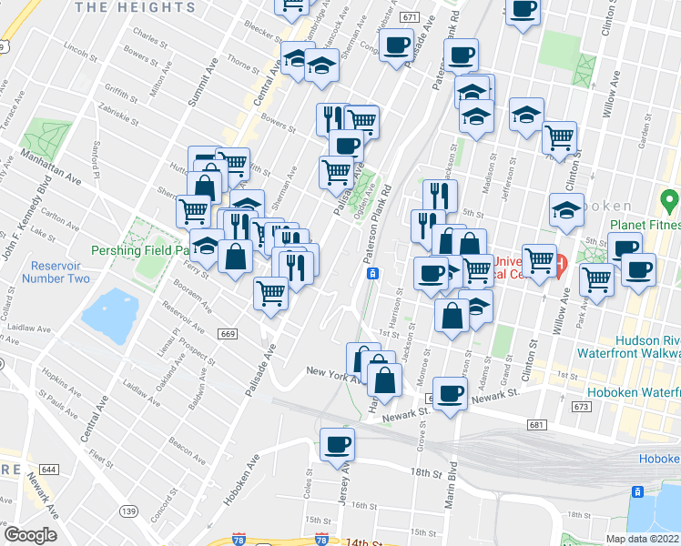 map of restaurants, bars, coffee shops, grocery stores, and more near 220 Ogden Avenue in Jersey City