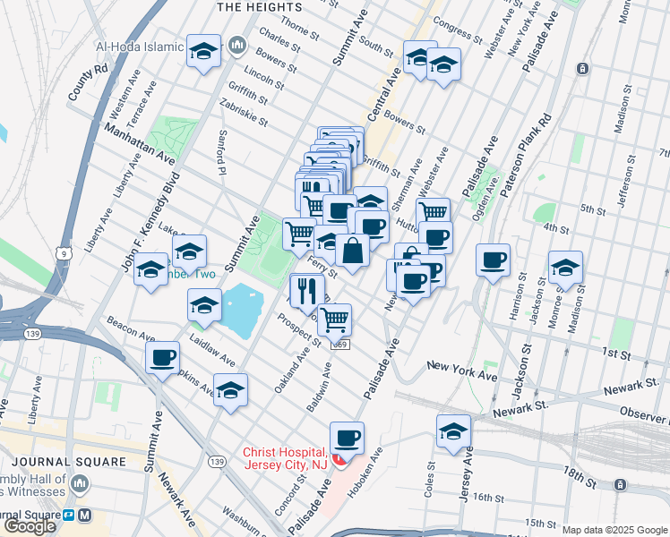 map of restaurants, bars, coffee shops, grocery stores, and more near 100 Ferry Street in Jersey City