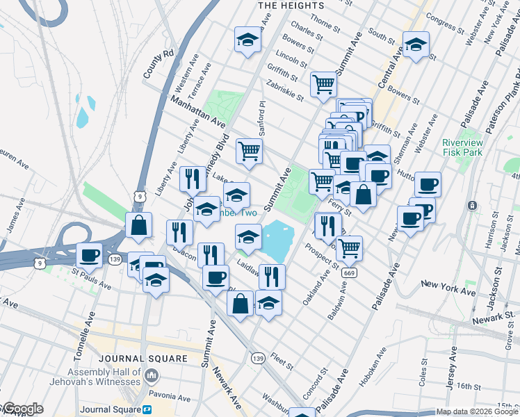 map of restaurants, bars, coffee shops, grocery stores, and more near 21 Troy Street in Jersey City