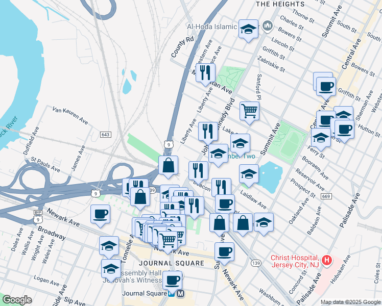 map of restaurants, bars, coffee shops, grocery stores, and more near 3181 John F. Kennedy Boulevard in North Bergen