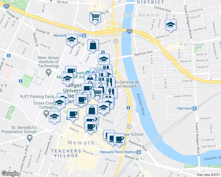 map of restaurants, bars, coffee shops, grocery stores, and more near 27 Rector Street in Newark