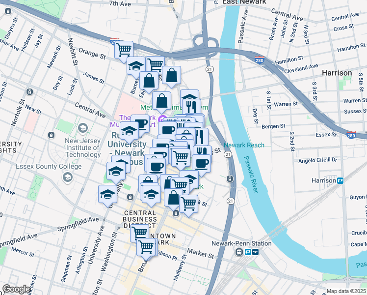 map of restaurants, bars, coffee shops, grocery stores, and more near in Newark