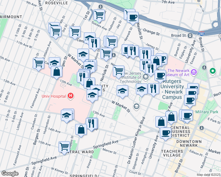 map of restaurants, bars, coffee shops, grocery stores, and more near 51 Marrow Street in Newark