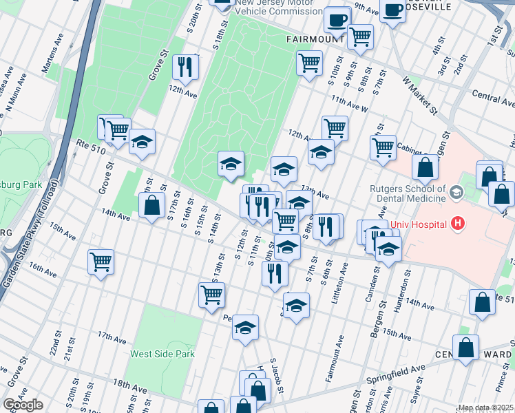 map of restaurants, bars, coffee shops, grocery stores, and more near 368 South 12th Street in Newark