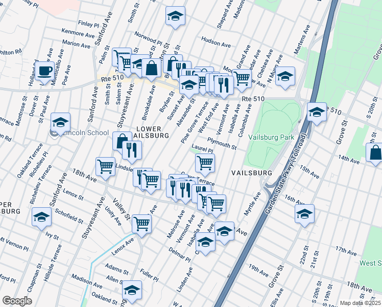map of restaurants, bars, coffee shops, grocery stores, and more near 119 West End Avenue in Newark