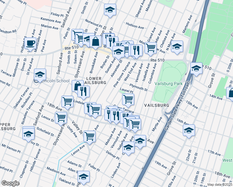 map of restaurants, bars, coffee shops, grocery stores, and more near 119 West End Avenue in Newark