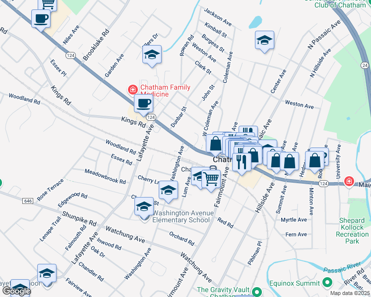 map of restaurants, bars, coffee shops, grocery stores, and more near 345 Main Street in Chatham