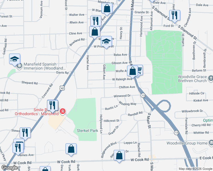 map of restaurants, bars, coffee shops, grocery stores, and more near 110 Chilton Avenue in Mansfield