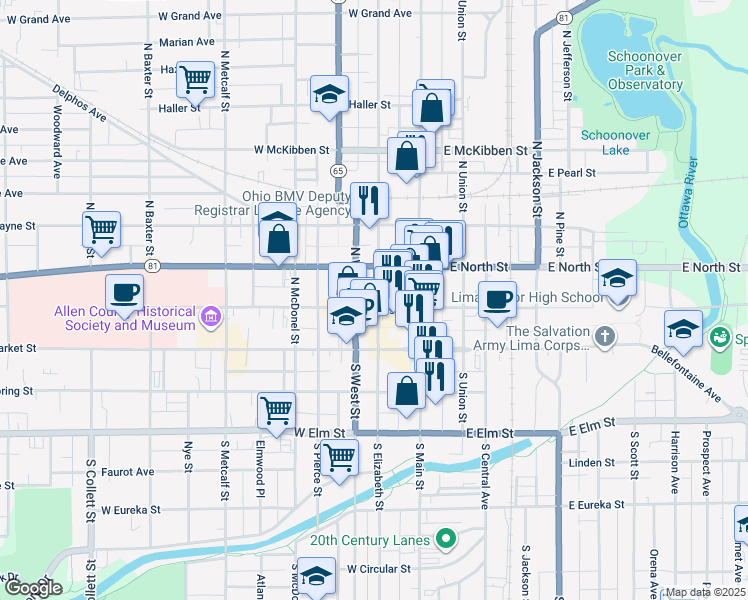 map of restaurants, bars, coffee shops, grocery stores, and more near 136 West High Street in Lima