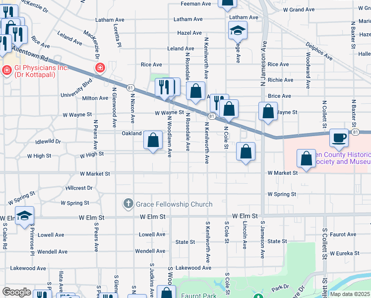 map of restaurants, bars, coffee shops, grocery stores, and more near 1314 W High St in Lima