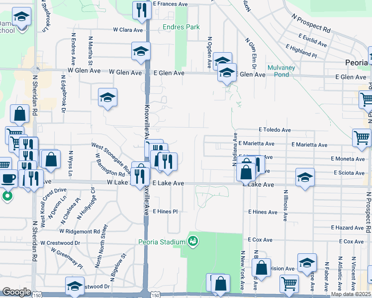 map of restaurants, bars, coffee shops, grocery stores, and more near 249 East Oak Cliff Court in Peoria