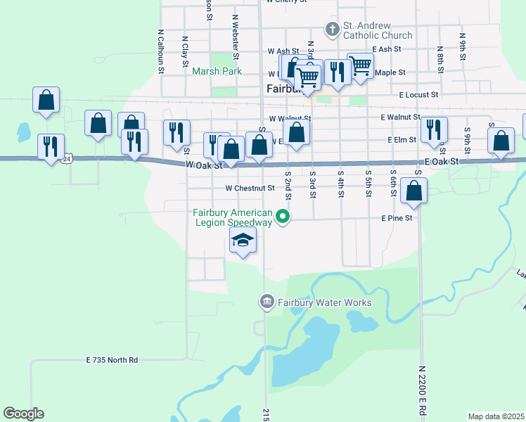 map of restaurants, bars, coffee shops, grocery stores, and more near 600 South 1st Street in Fairbury