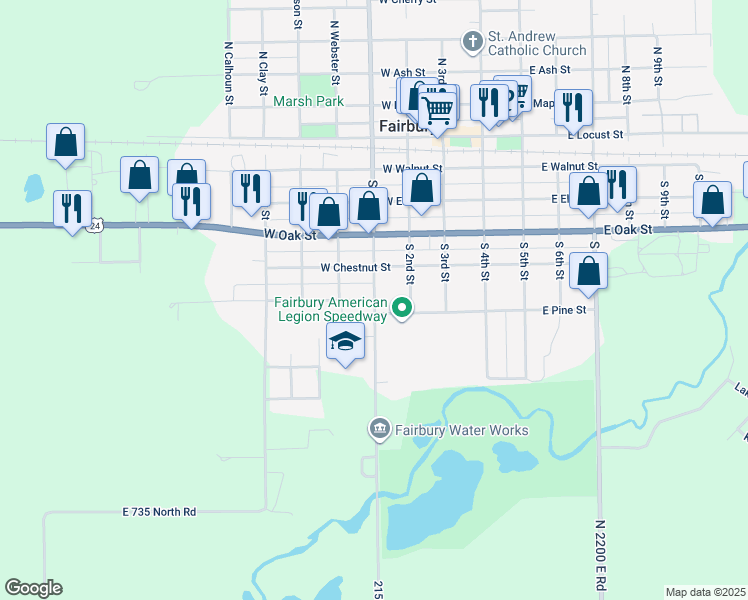 map of restaurants, bars, coffee shops, grocery stores, and more near 600 South 1st Street in Fairbury