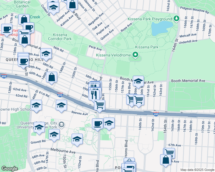 map of restaurants, bars, coffee shops, grocery stores, and more near 154-29 58th Road in Queens