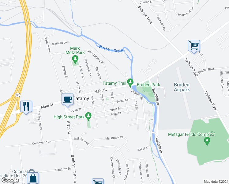 map of restaurants, bars, coffee shops, grocery stores, and more near Main Street in Northampton County