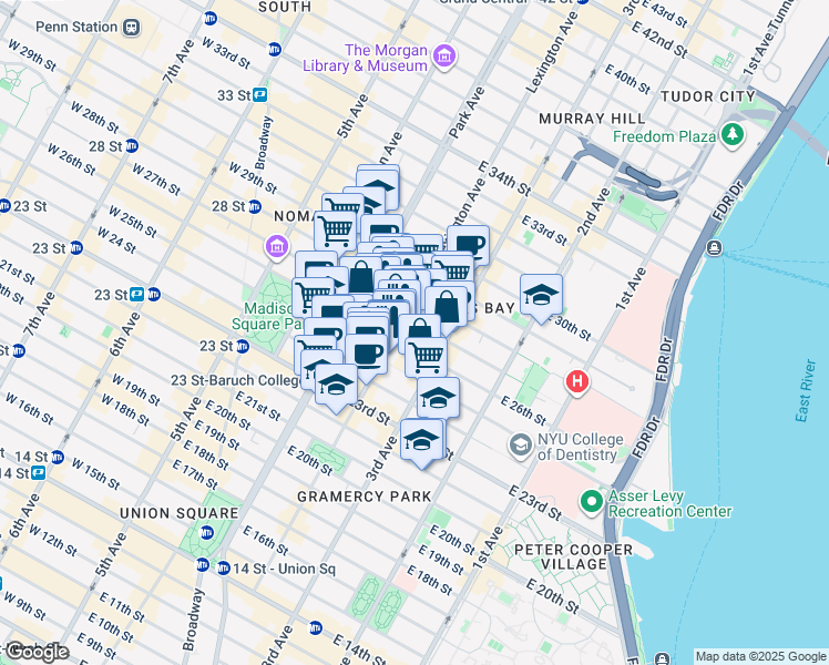 map of restaurants, bars, coffee shops, grocery stores, and more near 140 East 27th Street in New York