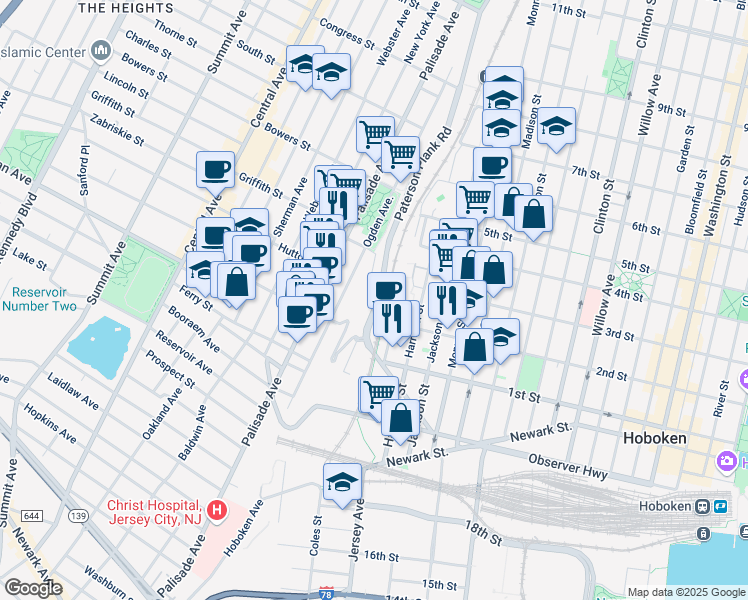map of restaurants, bars, coffee shops, grocery stores, and more near 100 Paterson Plank Road in Jersey City