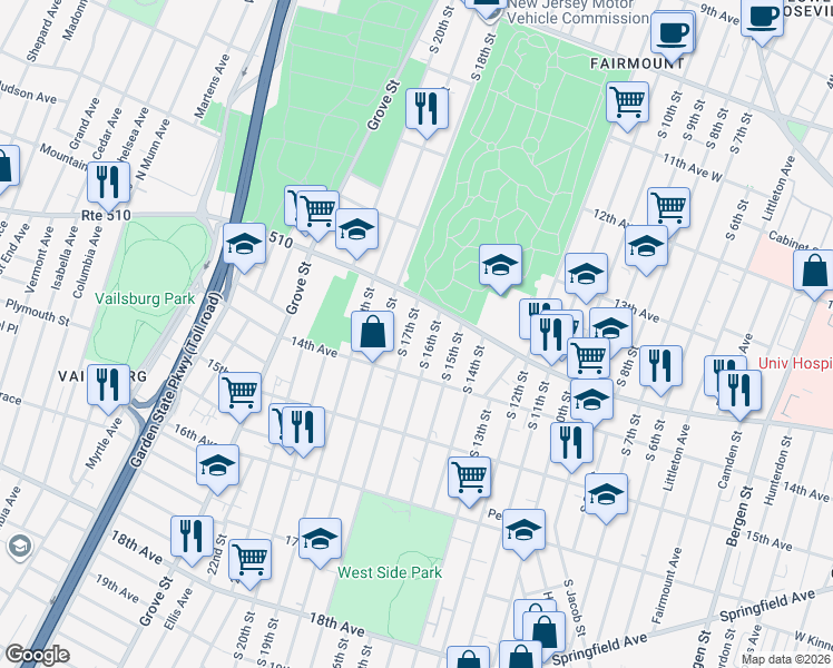 map of restaurants, bars, coffee shops, grocery stores, and more near 427 South 16th Street in Newark