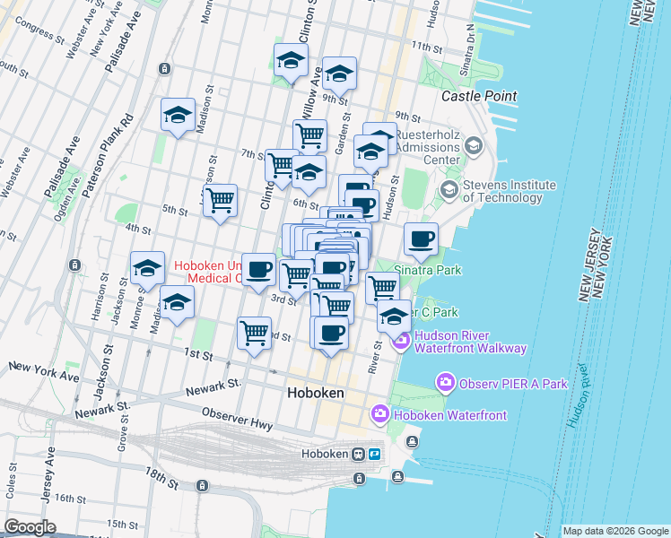 map of restaurants, bars, coffee shops, grocery stores, and more near 167 4th Street in Hoboken