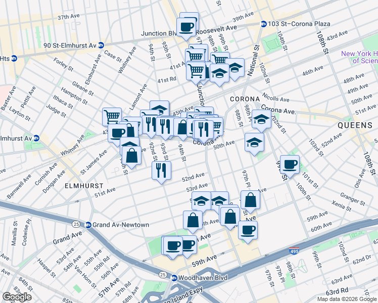 map of restaurants, bars, coffee shops, grocery stores, and more near 94-13 50th Avenue in Queens
