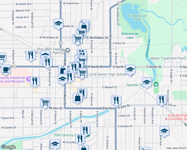 map of restaurants, bars, coffee shops, grocery stores, and more near 210 North Union Street in Lima