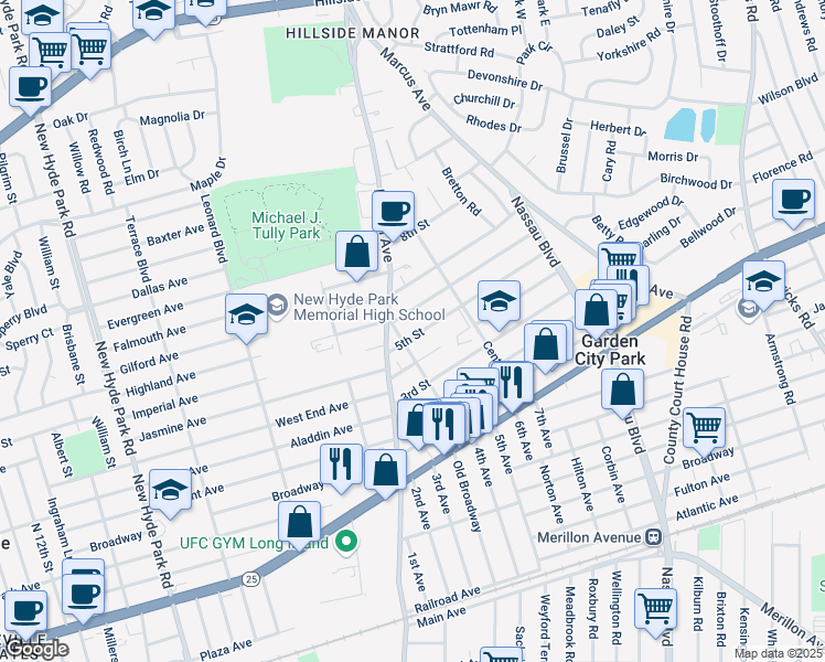 map of restaurants, bars, coffee shops, grocery stores, and more near 5 5th Street in New Hyde Park