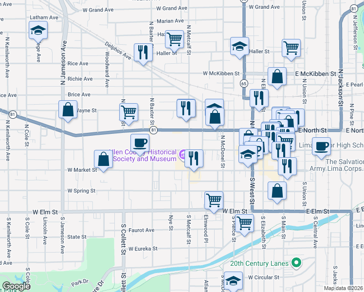 map of restaurants, bars, coffee shops, grocery stores, and more near 714 West High Street in Lima