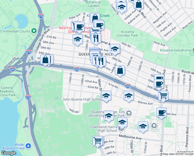 map of restaurants, bars, coffee shops, grocery stores, and more near 61-18 Main Street in Queens