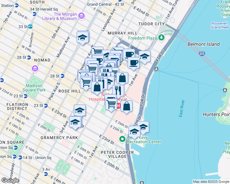 map of restaurants, bars, coffee shops, grocery stores, and more near 323 East 29th Street in New York